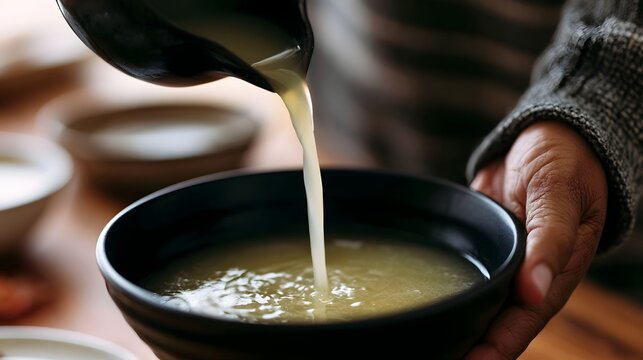 A hand pours creamy broth into a black ceramic bowl  capturing a warm and intimate moment of food prepa n