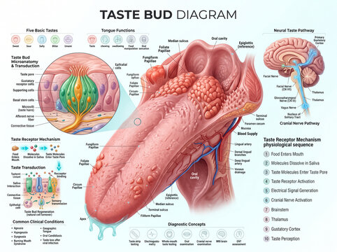 Detailed anatomical diagram showing human tongue structure taste bud microanatomy neural pathways and physiological sensory reception mechanisms for educational medical study
