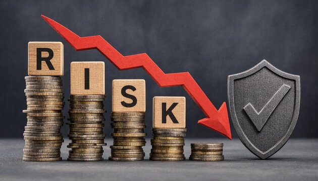 Financial security concept showing decreasing risk with protective shield and stacks of coins
