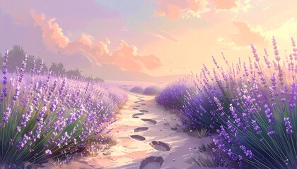 Fototapeta premium Illustration of rabbit footprints in pastel meadow landscape design