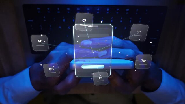 Consumer online shopping concept showing a person using smartphone with digital store, payment, shopping cart, product search, and mobile commerce interface for online retail.