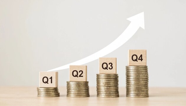 Growing business revenue displayed through quarterly stacked coins and upward trend arrow illustration