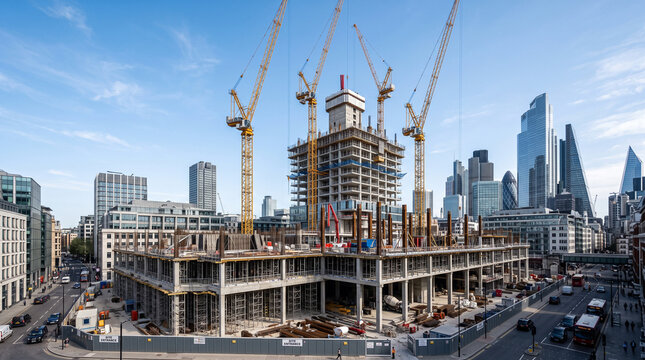 Modern skyscraper under construction with tower cranes