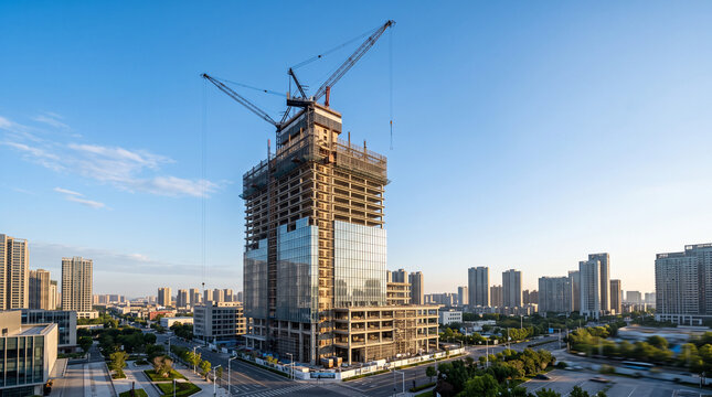 Modern skyscraper under construction at dawn