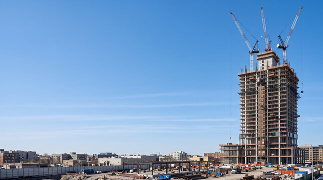 Modern skyscraper under construction on transparent