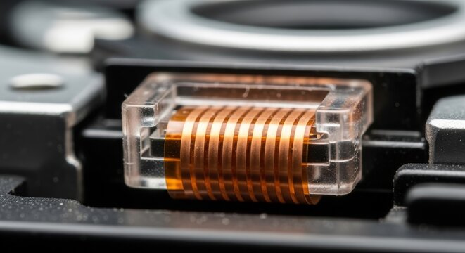 Close-up of copper coil inductor component.