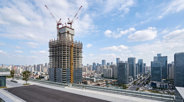 Unfinished skyscraper with tower cranes under construction