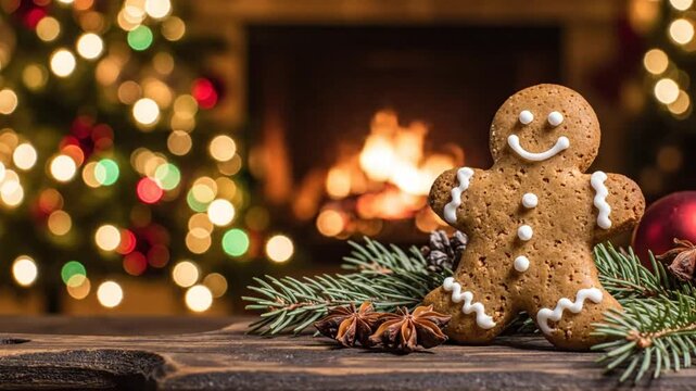 Gingerbread man stands with festive decorations against the backdrop of a Christmas tree and cozy fireplace