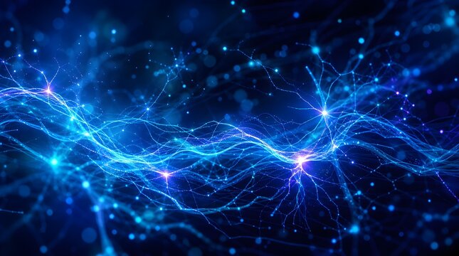 Abstract glowing blue cyber network background resembling neural pathways or bioelectric signals