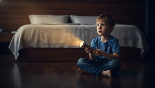 Curious little boy playing with flashlight in dark room, shining warm glowing light with magical sparks for childhood imagination and adventure concept