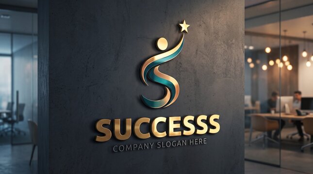 Modern Success Logo: An abstract logo symbolizing achievement and growth, featuring a stylized figure reaching for a star above the word SUCCESS, set against a sophisticated office background.