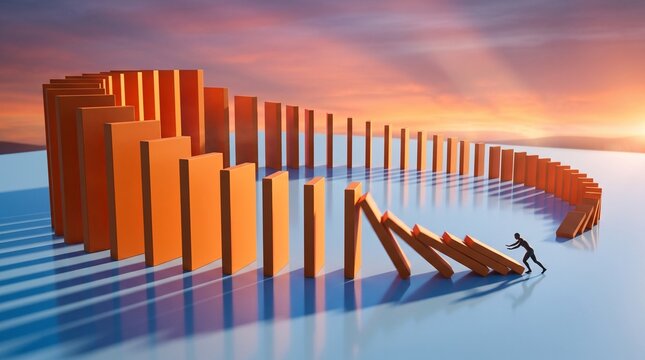 Domino Effect of Change: A lone figure pushes a domino, initiating a chain reaction that cascades across a vibrant, circular arrangement, symbolizing the far-reaching consequences of a single action.