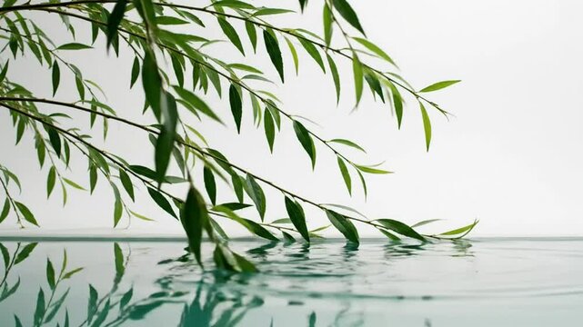 Tranquil weeping willow branches gracefully touching and reflecting on the surface of serene water