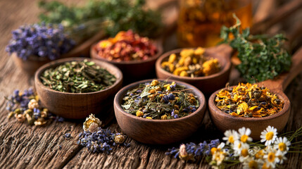 Fototapeta premium Dried Medicinal Herbs and Flowers with Selective Focus