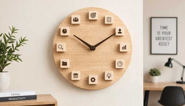 Minimalist wooden wall clock with productivity icons and motivational quote in modern office setting
