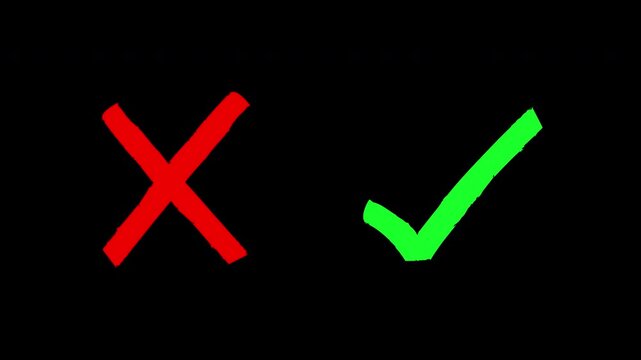 Animated hand drawn red cross and green check mark on transparent background for wrong and correct choices, approval, and validation