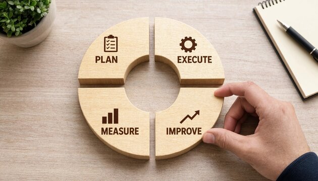 Hand pointing at wooden circular board illustrating business process steps plan execute measure improve on wooden table