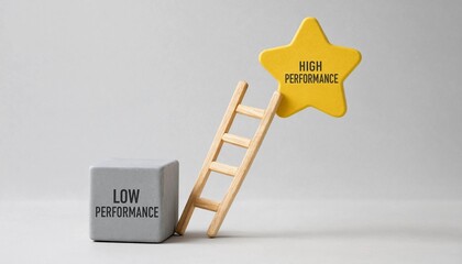 Obraz premium Conceptual illustration showing climb from low performance to high performance with ladder and star symbol