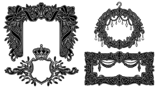 Ornate baroque Christmas frames vector illustration featuring luxury gold filigree scrollwork borders acanthus leaves pine cones and vintage holiday wreath layouts