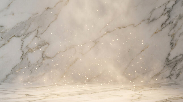 Luxury white marble background with gold glitter, elegant stone texture with sparkling light, premium marble surface for product display