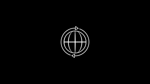 Minimalist animated globe with rotating arrows, white line on black background, for global business, and technology interface