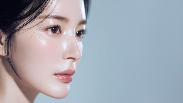 美容液を塗って肌に潤いがある女性の顔のアップ