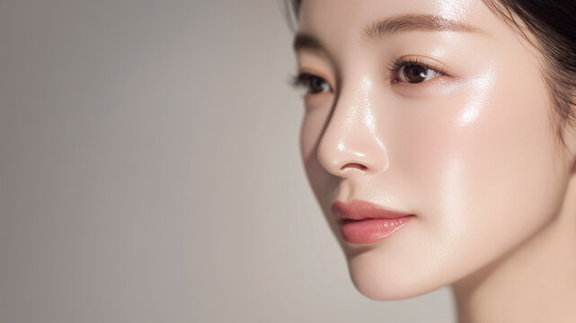 美容液を塗って肌に潤いがある女性の顔のアップ