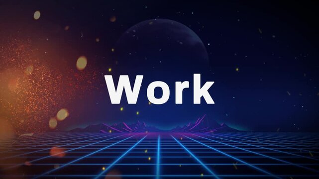 Futuristic digital countdown animation displaying the word work over a glowing retro grid background