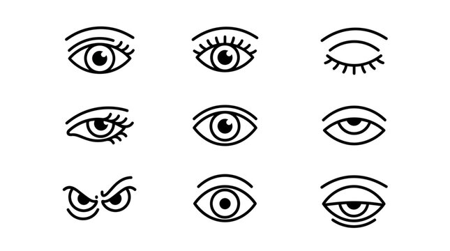Set of various eye icons, human eyes with different expressions and styles, vector illustration