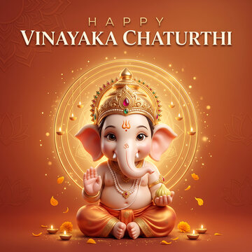 Golden ganesha idol sitting amidst radiant glowing lamps celebrating auspicious hindu festival vinayaka chaturthi greeting card with meditative pose surrounded