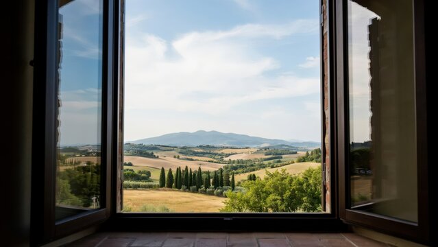 A beautiful view of the Tuscan countryside through an open window. Travel.