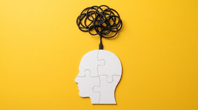 Tangled Thoughts, Unraveling Mind: A puzzle head on a bright yellow background, with a tangled cord representing a chaotic mind connected to a clear brain.