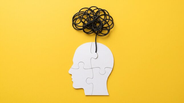 Confusion in the Mind: A puzzle head with a tangled mess of black string emerging from it symbolizes mental disarray and the complexity of thought processes.