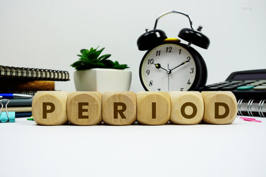 PERIOD alphabet letters with alarm clock and calculator on white background