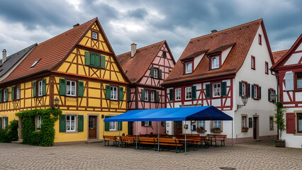 Naklejka premium Traditional Half-Timbered German Village Houses with a Colorful Facade and an Outdoor Seating Area under a Blue Canopy in a Historic Town Square