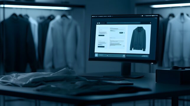 A computer monitor displays a clothing product page while hanging garments are visible in the background