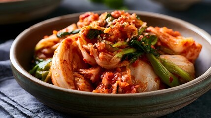 Fototapeta premium A bowl of spicy kimchi featuring cabbage green vegetables and sesame seeds in a ceramic dish