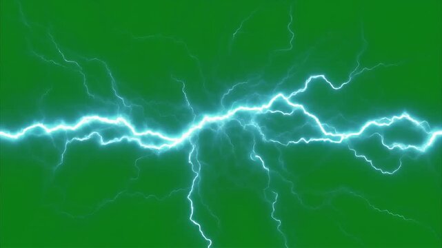 Bright white electric lightning bolts arc across a solid green background.
