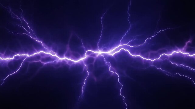 Bright purple lightning bolts strike across a dark night sky in a dramatic weather event.