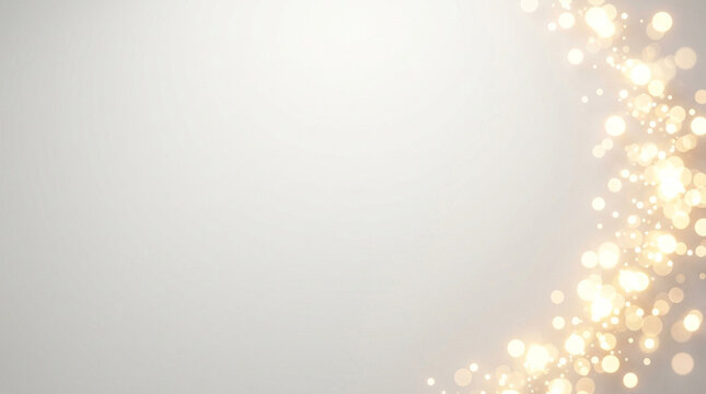 Golden bokeh lights on white background. Elegant festive glitter sparkles. Luxury glowing particles for holiday celebration and wedding design.