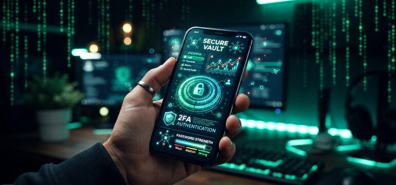 Hand holds smartphone with remote password manager and breach alerts