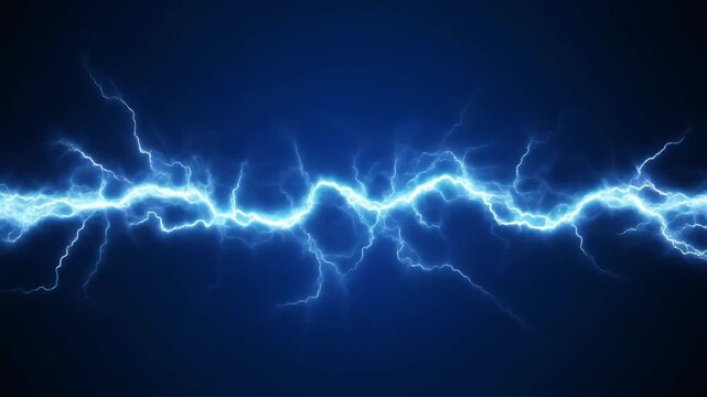 Bright blue electrical lightning bolts arc horizontally across a dark deep blue background.