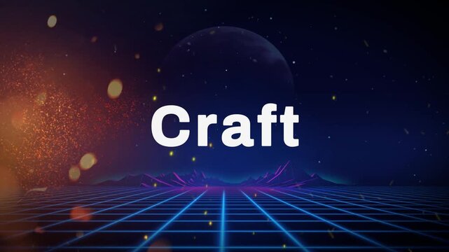 Animated white "Craft" text revealing dynamically in a futuristic sci-fi landscape motion video footage clip