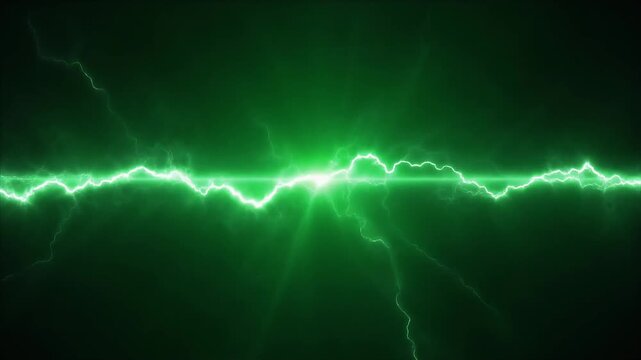 A bright green electrical discharge crackles horizontally across a dark background.
