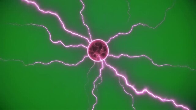 A glowing purple plasma ball emits jagged electrical discharges against a green background.