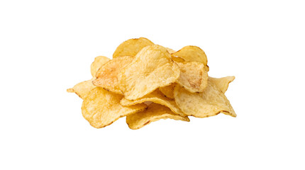 Fototapeta premium Crispy Golden Potato Chips Heap with Salt Isolated on White Background Delicious Salted Potato Crisp Snack Stack for Packaging Design PNG Cutout Element.