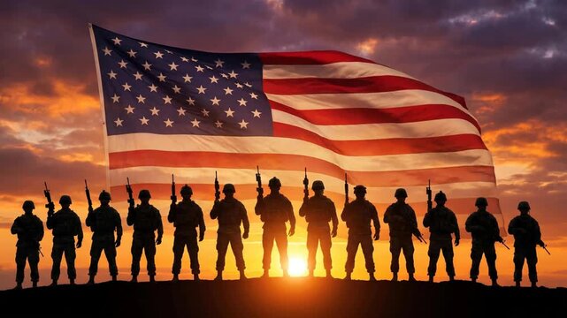 American soldiers silhouettes standing on hill at sunset with united states flag waving behind them dynamic motion.