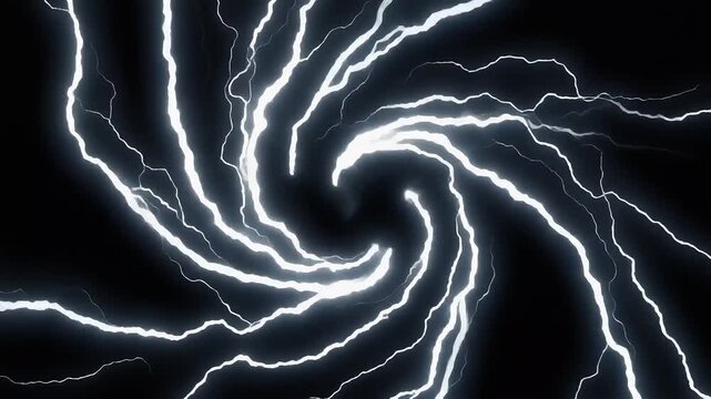 Bright white lightning bolts swirl in a spiral pattern against a dark black background.