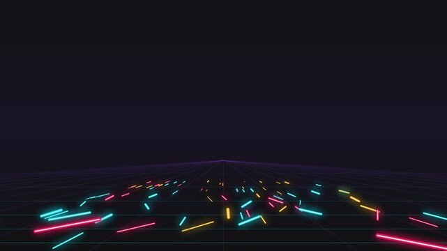 Neon laser lights dance across a futuristic grid landscape, creating a vibrant retro synthwave background for abstract visuals.