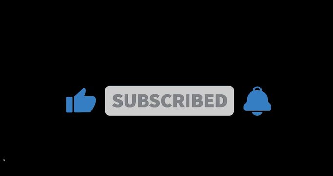 Classic YouTube subscribe button animation with mouse cursor clicking notification bell, subscribe and like icons on black background. Flat design call to action lower third for vlogs and creators